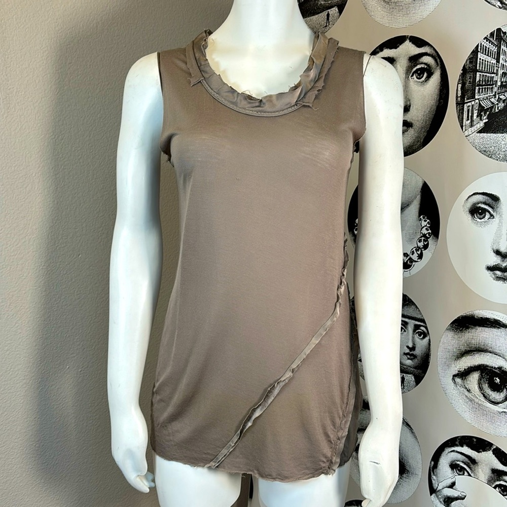 My Tribe Sleeveless Tan Top w/ Raw Edge Hems & Distressed Accents, Sz M